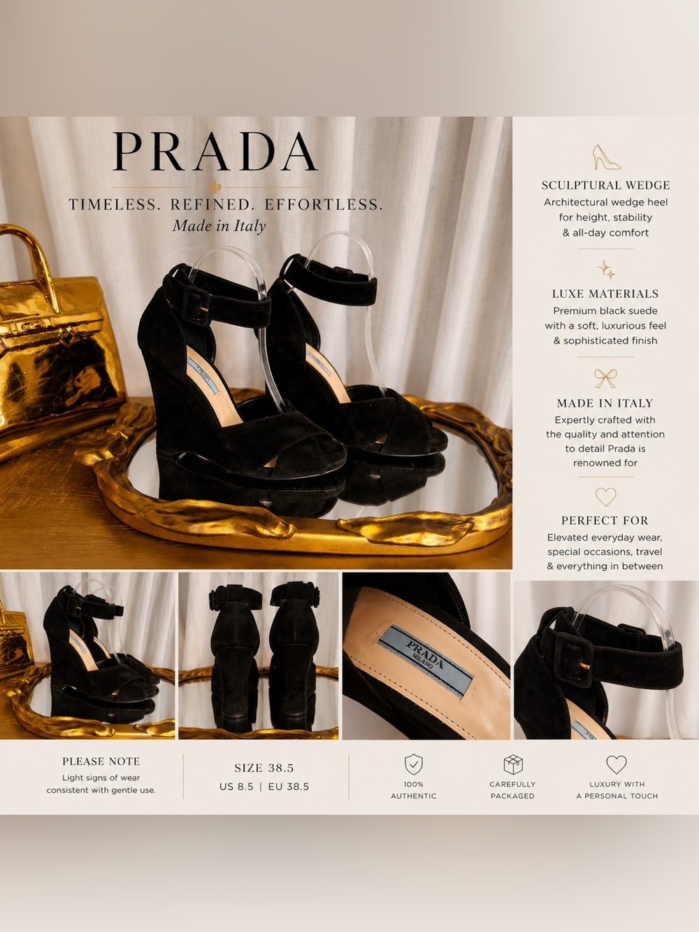 🖤 Prada Black Suede Sculptural Wedge Sandals